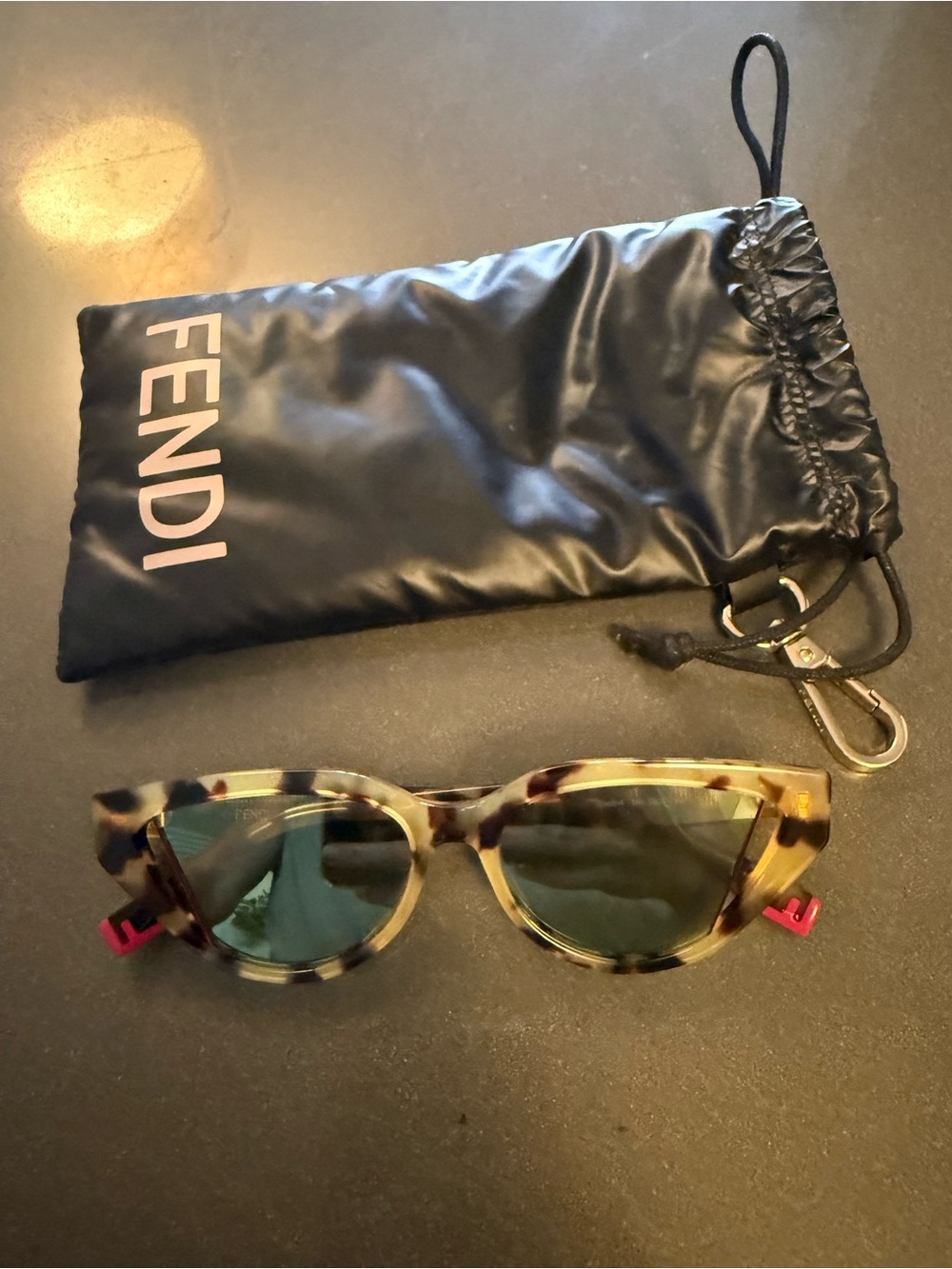 Fendi Tortoiseshell Cat-Eye Sunglasses with Green Lenses and Pink Accents